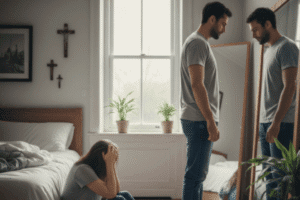 Casal em ambiente doméstico, ilustrando o impacto da sobrecarga emocional e do esgotamento em um relacionamento vivido em silêncio.