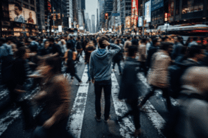 Pessoa isolada em meio à multidão e ao caos da vida moderna, simbolizando a crise de sentido, a busca por propósito e o desejo de encontrar descanso interior.